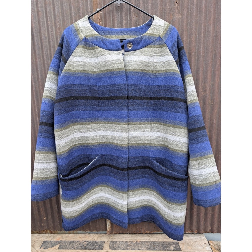 Old Navy Blanket Coat Women Large Blue Stripe Jacket Snap Southwest‎ Wool Chore